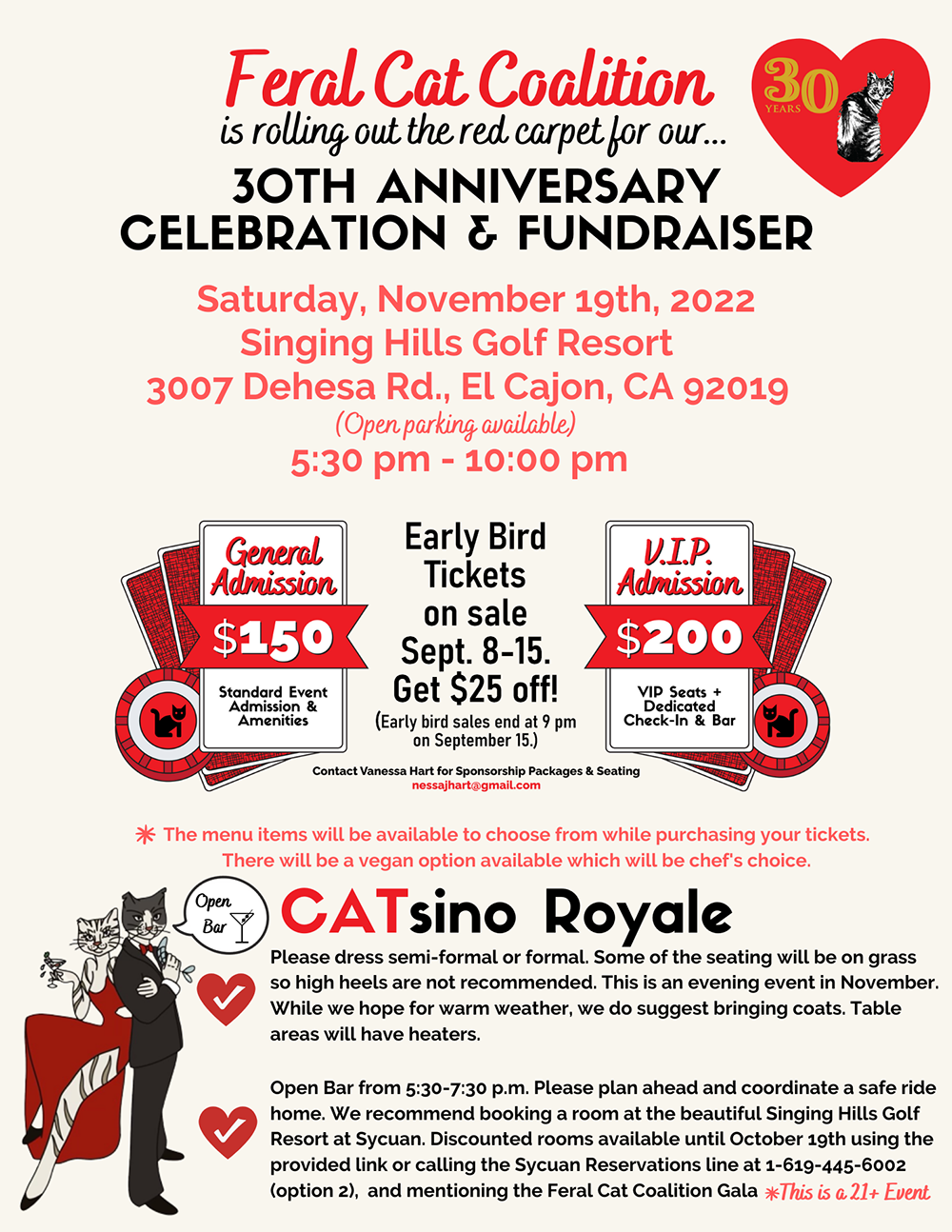 Feral Cat Coalition 30th Anniversary Celebration and Fundraiser - Early Bird Tickets go on sale Sept. 8-15!